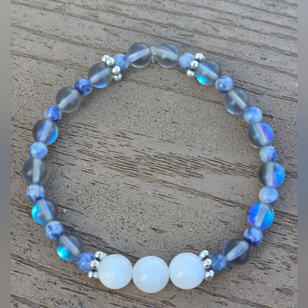 White Moonstone, Blue Spot Jaspar, Blue Glass Beads And Silver Accent Bracelet